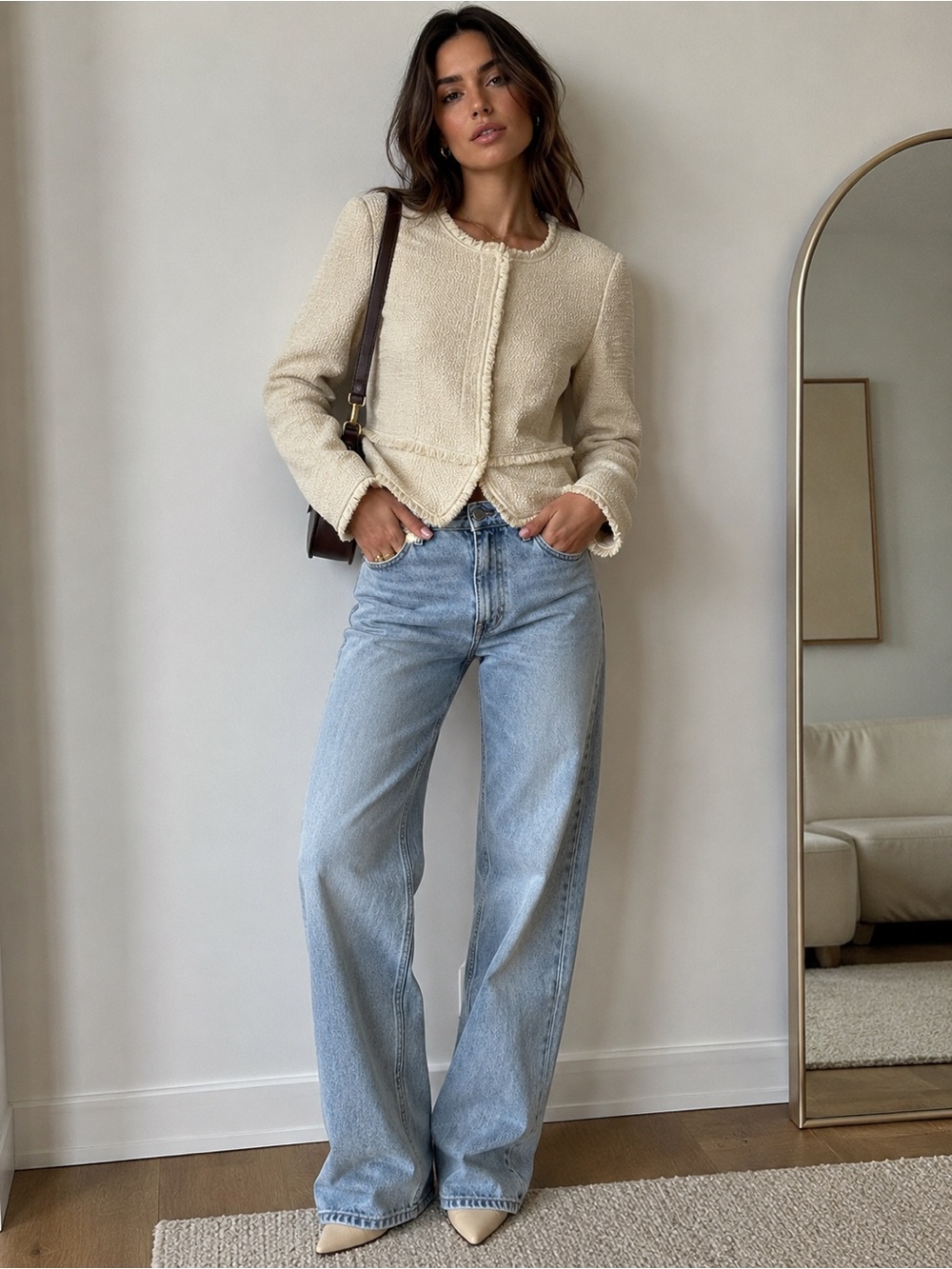 Anthropologie Cream Bouclé Fringe Collarless Blazer